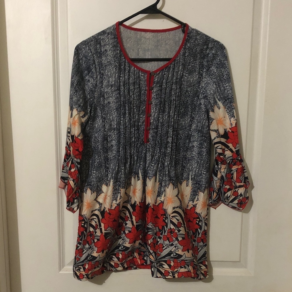 Floral Print Women's Top - Red and Blue